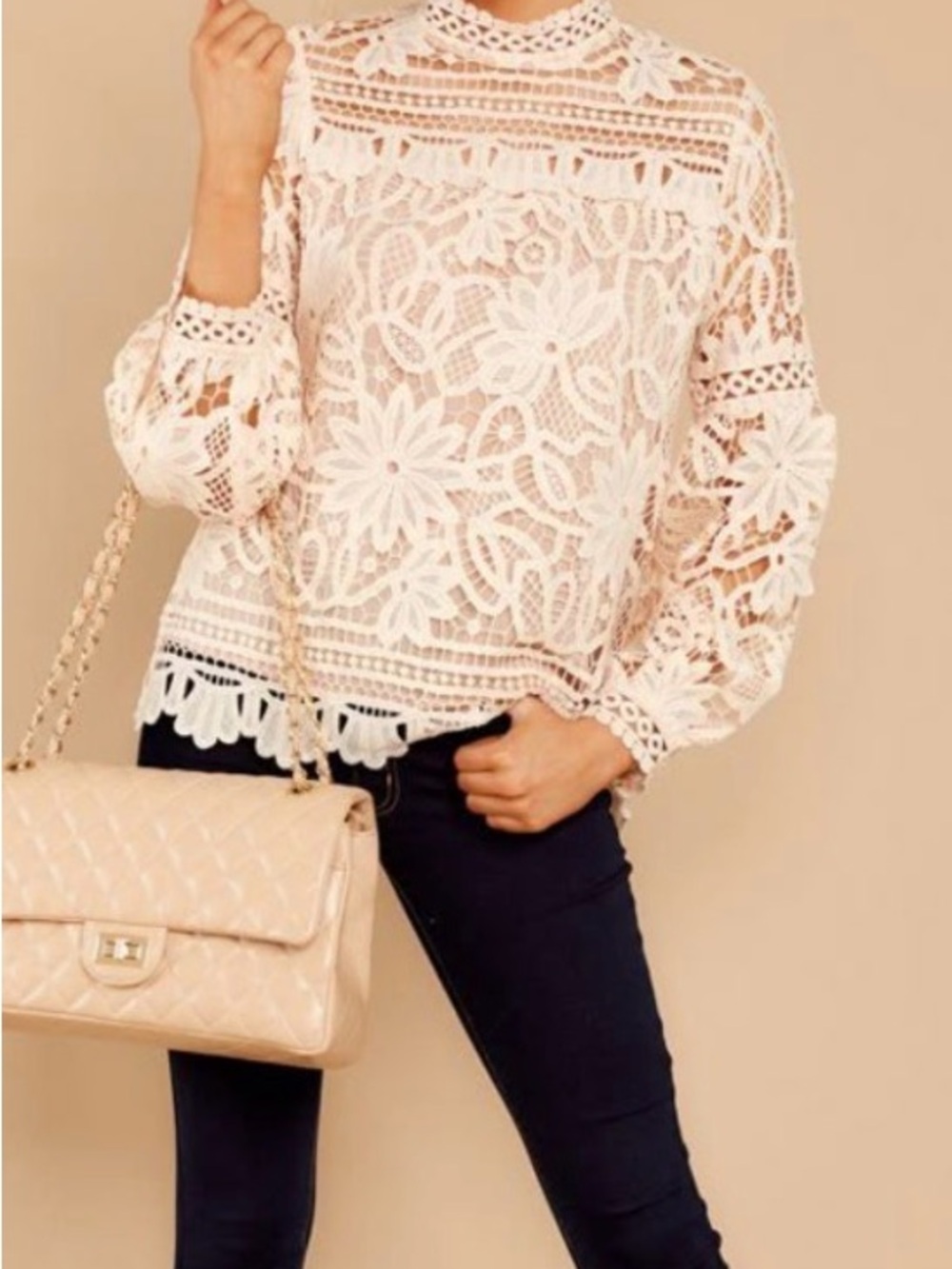 Women's ivory Floral Lace High-Neck Blouse